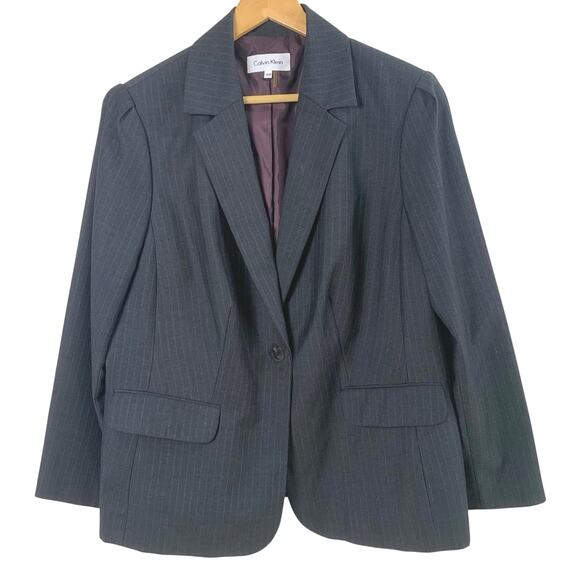 Calvin Klein Size 16W Women's Pinstripe Blazer Jacket Charcoal Gray Career